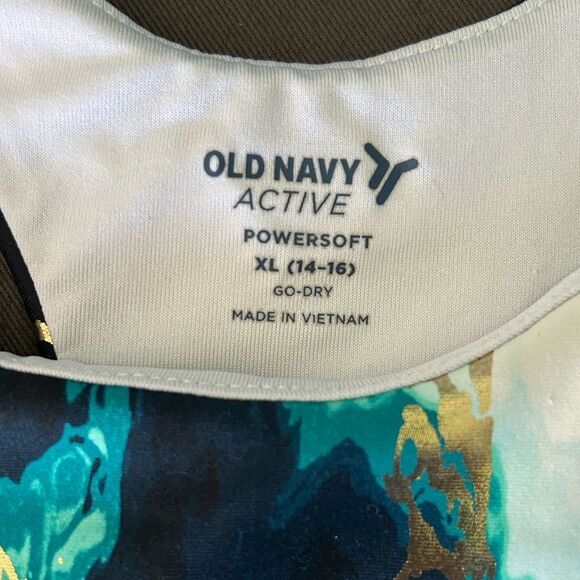 2/$15! Old Navy Powersoft Longline Racerback Go Dry Blue Gold Sports Bra - Picture 4 of 7